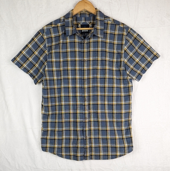 Prana Plaid Button Front Shirt Large Blue Gold - Picture 11 of 11